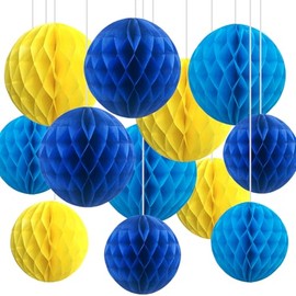 Pack of 12 Blue and Yellow Paper Honeycomb Balls, Hanging Tissue Paper Honeycomb Balls for Party Decoration (6 inches and 10 inches)