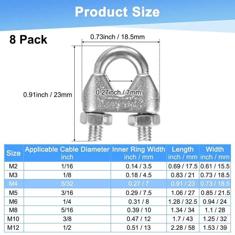 M METERXITY 8-Pack Cable Clamps, M4 Stainless Steel 4mm Wire
