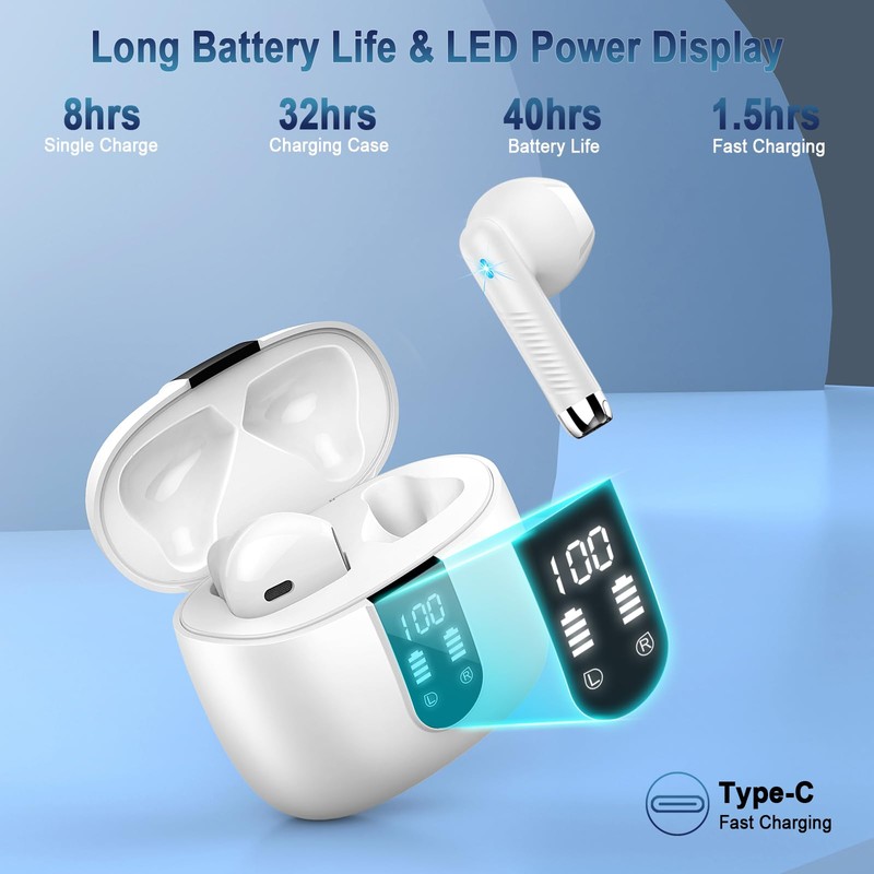 Wireless Earbuds, Bluetooth Headphones 5.3 Hi-Fi Stereo, 40H Wireless Earphones