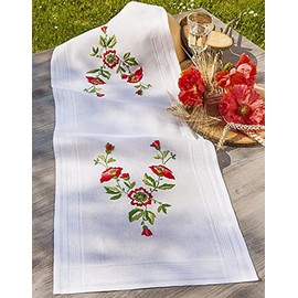 KAMACA Poppy Flowers Embroidery Kit, 80 x 80 cm Cotton Table Runner, Magic Stem Stitch, Satin Stitch, for DIY Embroidery