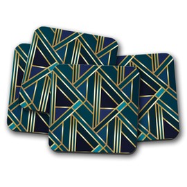 4 Set - Art Deco Coaster - Green Gold Geometric Wallpaper Retro #12546