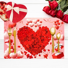 4PCS Red Love Heart Valentine Placemats,Rose Petals Ballons Place Mats, Washable Linen Dining Table Place Mats, Valentine Anniversary Wedding Table Mats for Home Party Kitchen Dining Table Decoration