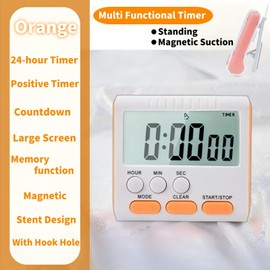 24 Hour Digital Timer Magnetic Kitchen Timer with Clip Large Screen Alarm Clock Refrigerator Magnet for Small Cooking Hour Timers and Home Use Perfect for Fridge and Stove (Orange)