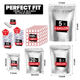 60 Pcs Mylar Bags with 2500cc&500cc Oxygen Absorbers-105 Labels & Stand-Up Reusable 10 &14 Mil 4 Sizes Airtight Smell Proof Resealable Bags with10 Clips-Large Mylar Bags for Food Storage