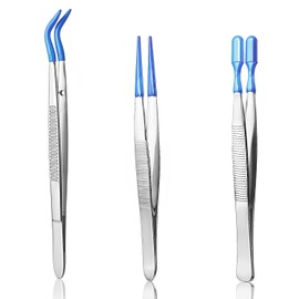 Pack of 3 Tweezers with Rubber Tips, PVC Coated Precision Rubber, Straight Flat Tip, Long Curved Tweezers for Crafts, Stamps, Beads, Jewellery, Blue