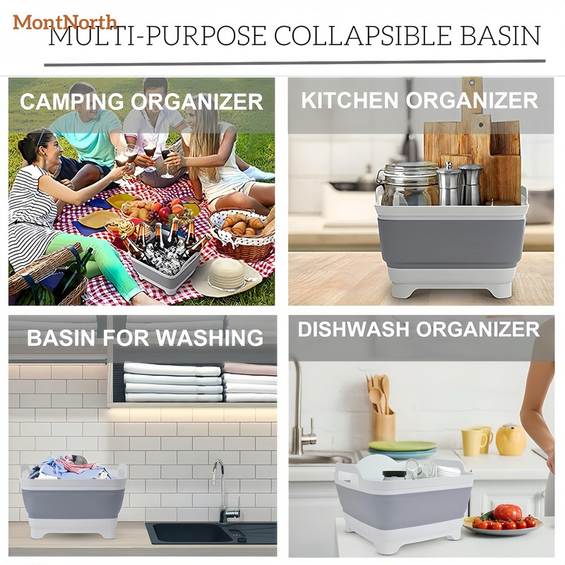 MontNorth Collapsible Wash Basin 9L, Foldable Dish Tub with Drain