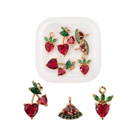 BEEFLYING 6pcs Fruits Theme Charms Cherry Strawberry Watermelon Brass Micro Pave Clear Cubic Zirconia Pendants DIY Fruit Charms for jewelry Bracelets Earrings Necklaces Making