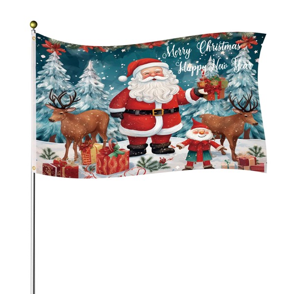 Large Christmas Flag, 3x5ft Merry Christmas Banner Double-Sided Polyester Happy New Year Flag Deer Santa Garden Flags for Outdoor Yard Winter Holiday Decoration