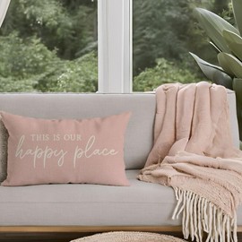 PANDICORN This is Our Happy Place Pillow Covers 12x20 Inch Modern Farmhouse Outdoor Spring Summer Decorations Pink Lumbar Decorative Throw Pillows Cases for Home Living Room Couch Decor