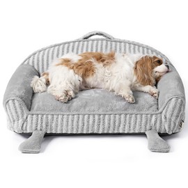 EHEYCIGA Cute Cat Couch Beds for Indoor Cats - Striped Dog Bed Medium Size with Washable Removable Cover, Shredded Memory Foam Waterproof Dog Couch with Non-Slip Bottom, 30 Inch Grey