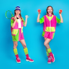 Mukum 4 PCS 80s 90s Color Block Windbreaker Outfits for Women Short Sleeve Zip Sport Outfit Elastic Waist Neon Tracksuit Set Women for 80's Party-S