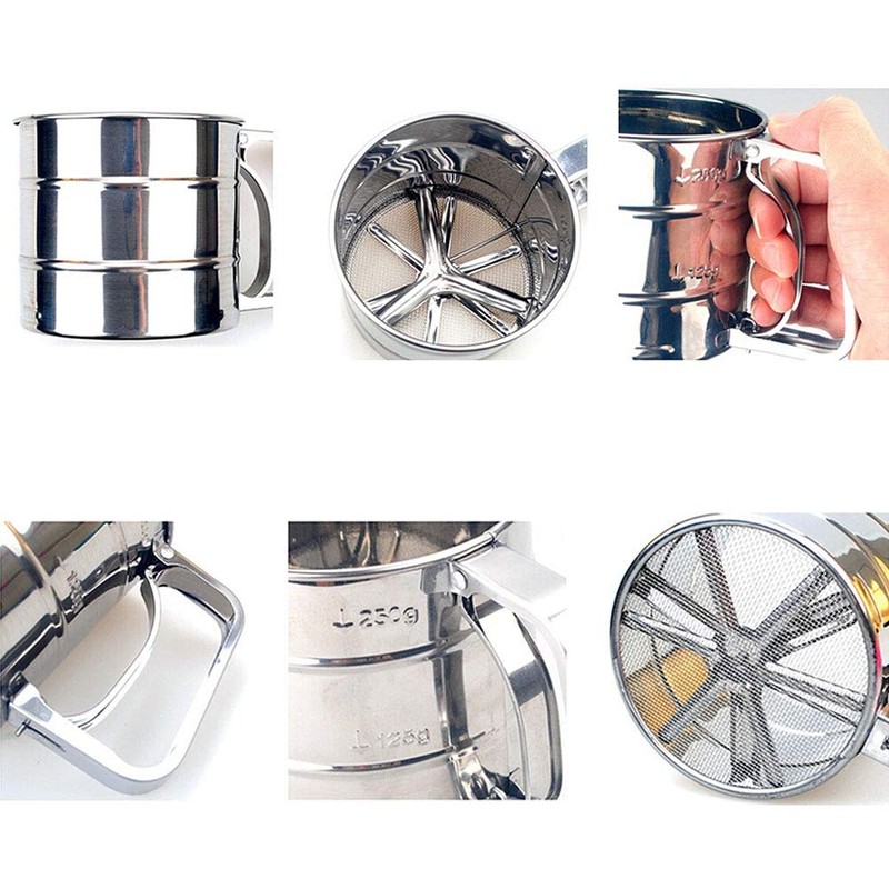 Stainless Steel Shaker Sieve Cup Mesh Crank Flour Sifter with