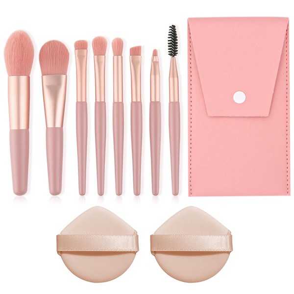 WeddHuis 8 + 2 Pieces Mini Makeup Brush Set, Professional Cosmetic Makeup Brush with PU Leather Bag for Foundation, Powder, Concealers, Blush and Eyeshadow