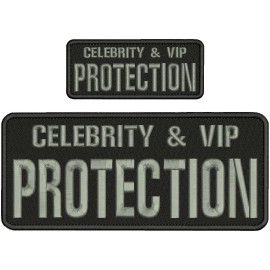 CELEBRIRT & VIP P EMBROIDERY PATCH 10X4 AND 5X2 HOOK ON BACK GRAY ON BLACK
