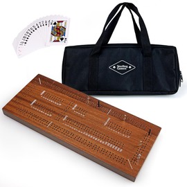 STERLING Games Triple Track Wooden Travel Cribbage for 3 Players, 13 Inch Board Game Set with Metal Pegs, Playing Cards and Carrying Bag