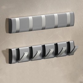 Shozafia Wall Mounted Coat Rack with Folding Hooks, Space-Saving, Modern, Sleek Flip Wall Mount Coat Hanger for Coats, Purses, Scarfs (Gray,4 Hooks)