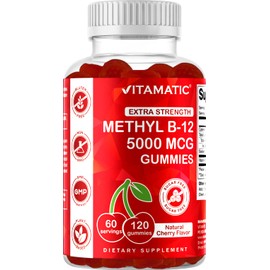 Vitamatic Extra Strength Vitamin B12 5000 mcg (Methyl B12) Gummies - 120 Count - Energy Metabolism Support and Nervous System Health Support, Natural Cherry Flavored (1)