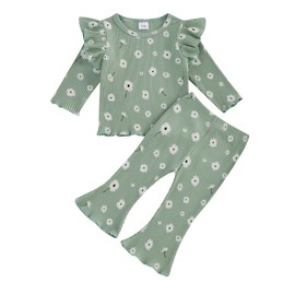 Baby Girl Fall Clothes Set Ruffle Long Sleeve Tops Flare Pants Cute Infant Toddler Outfits 6 12 18 24 Months 2T 3T (Flower Green, 2-3T)