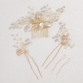 Famihot Hair Accessories, Crystal Comb, U Pins, 5-piece Set, Tree Leaf Motif, Bride Hair Headdress, Handmade Wedding Yukata, Kimono, Hair Ornament, Flower, Wedding Reception, After-party, Recital