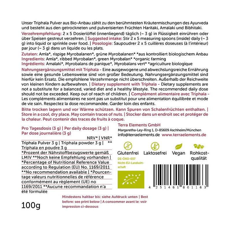 Terra Elements Organic Triphala Powder, 100 g, Triple Fruit from