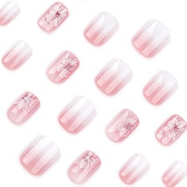 24 Pcs White Ombre Press on Nails Short Square Spring Summer Fake Nails Pink False Nails Press Ons with Flowers Design Glossy Nail Tips Full Cover Acrylic Nail Kit for Women Manicure
