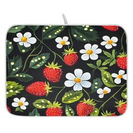Strawberry Dish Drying Mat for Kitchen Counter White Flower Absorbent Microfiber Drying Pad Dish Mat, 16" X 18"