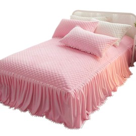 LIFEREVO Luxury Velvet Diamond Quilted Fitted Bed Sheet 3 Side Coverage 18 inch Drop Dust Ruffle Bed Skirt with Pompoms Fringe (Twin Pink)