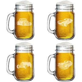16oz Mason Jar Glass Mug w/Handle Gift Set of 4 Classic Cars Hotrod Collection