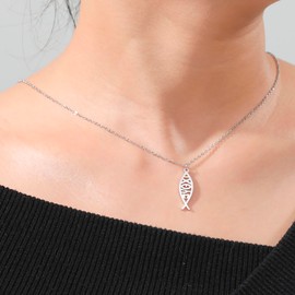EUEAVAN Ichthus Necklace for Women Christian Jesus Fish Necklace Christ Fish Cross Ichthys Pendant Necklace Ichthus Fish Religious Symbol Christian Jewellery Gift, Stainless Steel, No Gemstone