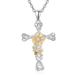 KINGWHYTE Daisy Necklace 925 Sterling Silver Celtic Cross Pendant Daisy Bee Necklace Jewellry Birthday Anniversary Christmas Gifts for Women