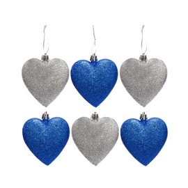 Simply Products 6 Heart Baubles - Great Christmas Tree Decorations, Glitter Heart Baubles (Royal Blue & Silver Glitter)