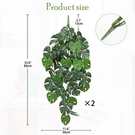 Artificial Hanging Plants Indoor Set of 2, 33" Fake Hanging Plants Realistic Monstera Leaf, Faux Hanging Plant Artificial Greenery Decor for Wall, Shelf, Living Room, Bathroom, Kitchen, Balcony