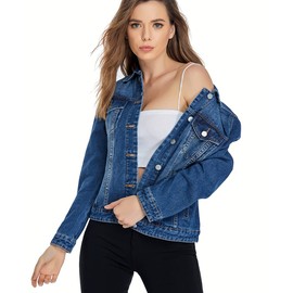 PEIQI Blue Classic Jean Jackets for Women Basic Long Sleeve Button Downs Denim Jackets L
