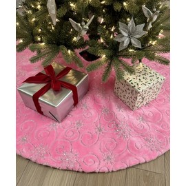 AOGU - Falda de árbol de Navidad de piel sintética con lentejuelas de 48 pulgadas para decoración de árbol de Navidad, falda de árbol de Navidad de felpa rosa y lentejuelas plateadas