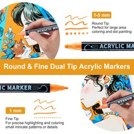 nauets 120 Colors Waterproof Dual Tip Acrylic Paint Pens, Dot & Fine Tip Premium Coloring Drawing Markers Set for Wood, Rock, Canvas, Glass, Ceramic Surfaces and DIY Crafts Making Art Supplies