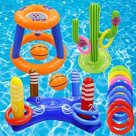 Juego De Juguetes De Piscina, Canasta De Baloncesto De Piscina, Aro De Cruz Hinchable Y Juego De Lanzamiento De Aro De Cactus Hinchable, Juguetes De  