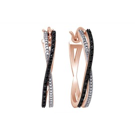 Aria Jewels Black Diamond Cross-Over Hoop Earrings for Women 14K Rose Gold Over Sterling Silver (1/10 cttw)