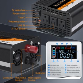 1000W Pure Sine Wave Inverter, 12V/24V Auto-Detect, 50Hz/60Hz Switchable, LCD Display, Type-C Fast Charging, Silent Design, Overload & Overheat Protection for RV, Home