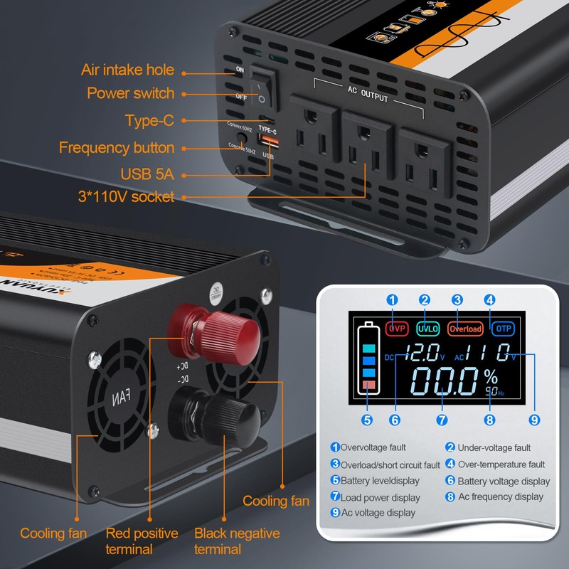 1000W Pure Sine Wave Inverter, 12V/24V Auto-Detect, 50Hz/60Hz Switchable, LCD