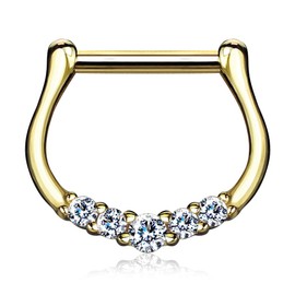 Autiga Nose Piercing 14 Carat 585 Real Gold Septum Ring Clicker Nose Ring Folding Piercing Nose Zirconia Crystal, Yellow Gold