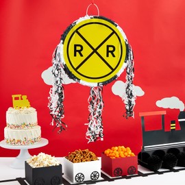 Railroad Crossing Sign Pull String Pinata for Train Birthday Party Decorations (Small, 13 x 13 x 3 In)