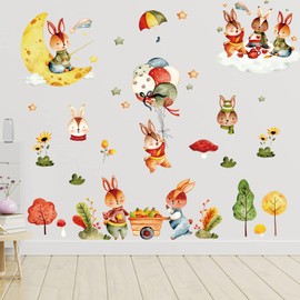 Condessacity Wall Sticker for Children, Rabbits, Cute, Animals, Moon Balloons, Wall Stickers, Stylish, Scandinavian, Removable Wallpaper, Children's Room, Wall, Kindergarten, Nursery, Toy Room Wall