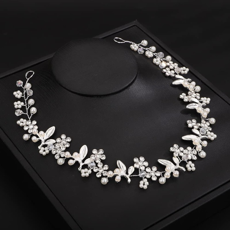 Teyglen Bridal Wedding Flower Leaf Headband Hair Vine Silver Crystal