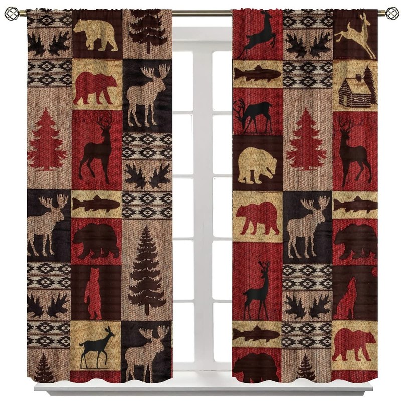 Kazynee Vintage Check Black Bear Blackout Curtains for Bedroom,Rustic Country