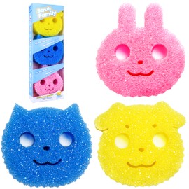 Scrub Family Functional Sponge Scrubber Set - Daddy Mommy Daily Scrub Sponge, Smiley Happy Face, Firm in Cold and Soft in Warm, Scratch Free, No Odor, 3 Cute Animal Patterns (3ct)