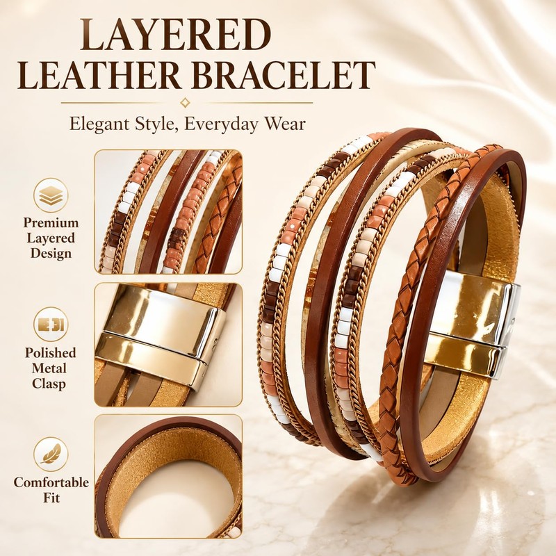 JAVMOO Leather Wrap Bracelets for Women Boho Multi-Layer Cuff Bangle