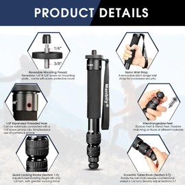 Manbily A-888 Camera Monopod, Length 32cm - 156cm, Aluminum Monopods for Cameras 7 Sections, Compact Travel Portable Selfie Stick for DSLR Smartphone Concert Festival