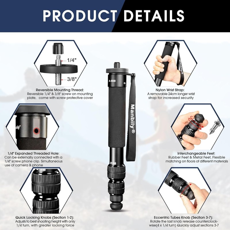 Manbily A-888 Camera Monopod, Length 32cm - 156cm, Aluminum Monopods