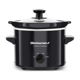 Elite Gourmet MST239X Electric Round Slow Cooker, Adjustable Temp, Entrees, Sauces, Stews & Dips, Dishwasher Safe Glass Lid & Crock, 2 Quart, Black