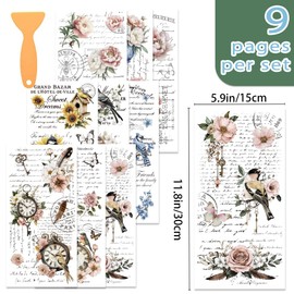 ORIGACH 9 Sheet Flowers, Birds & Vintage Elements Rub on Transfers for Crafts and Furniture Retro Floral Home Decor Transfers Wall Art Decals for Bedroom Living Room Desk Table Decor, 6”x 12”